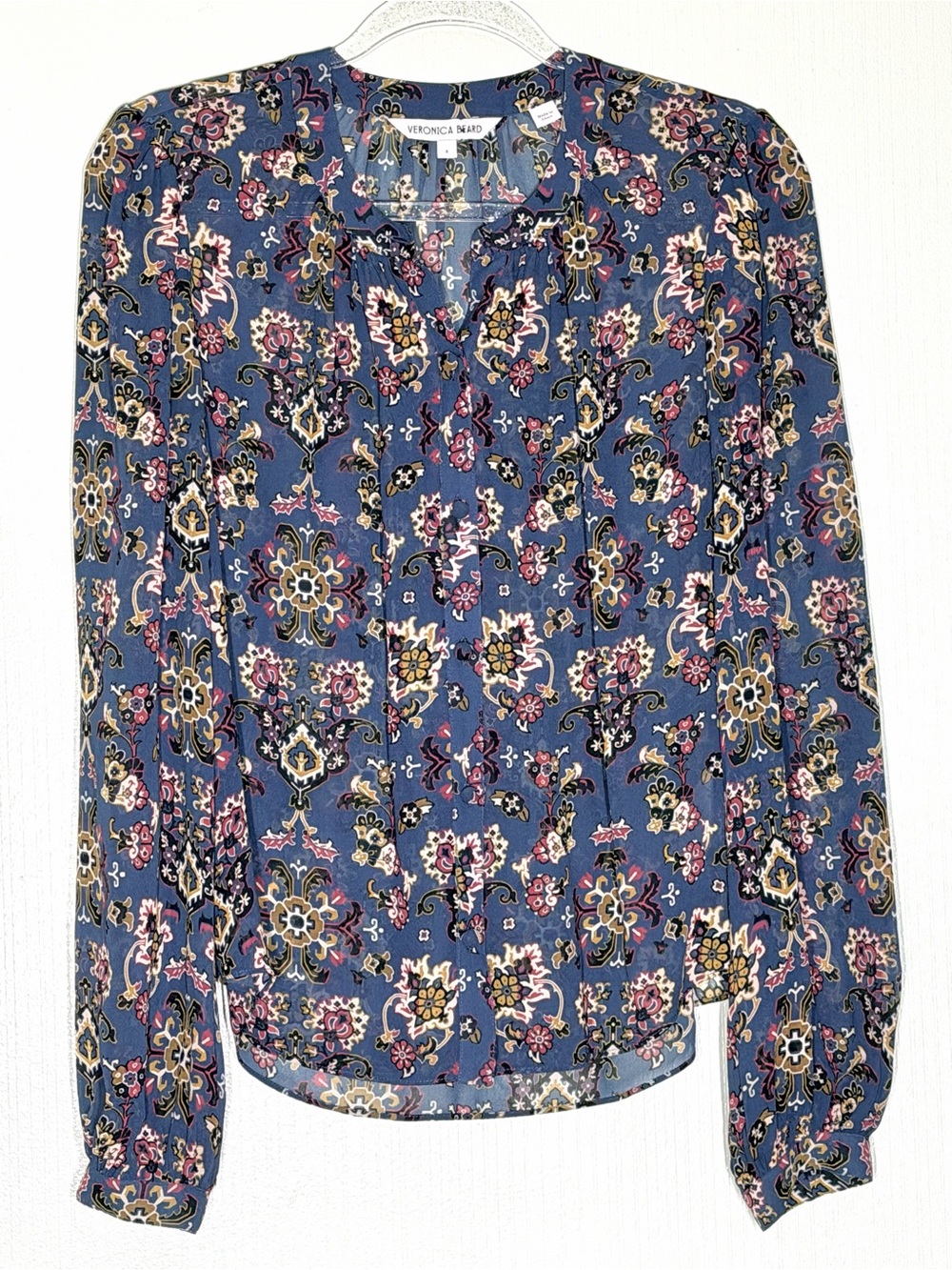 Veronica Beard Blue stone multi  Floral geometric silk Blouse sheet long sleeve